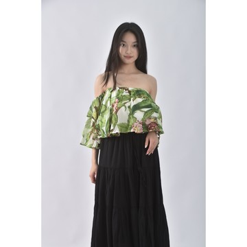 (M) ling jei jashion質感植物一字領綠色上衣二手衣