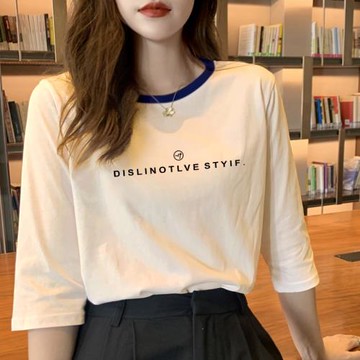 中袖上衣女七分袖t恤女純棉2024年新款寬松洋氣小衫設計感小眾潮