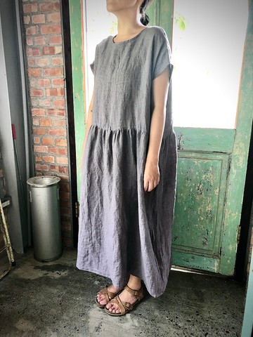 夏砂短袖口袋拼接長洋裝