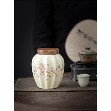 歐式米黃汝窯茶葉罐紫藤花復古陶瓷密封罐粗存茶罐防潮茶倉空罐子