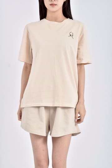 加購優惠(M) cindy韓牌質感刺繡杏色短袖上衣