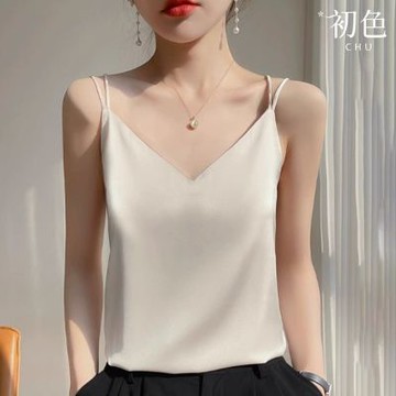 初色 純色美背V領細肩帶緞面修身打底衫背心上衣女上衣-共6色-13436(M-3XL可選)
