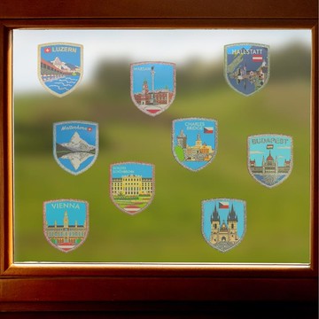 《A-ONE》歐洲旅遊玻璃貼紙 銀蔥一套9入 國家靜電玻璃貼 瑞士靜電窗貼 象徵玻璃貼 旅遊靜電玻璃貼 靜電玻璃貼 _廠商直送