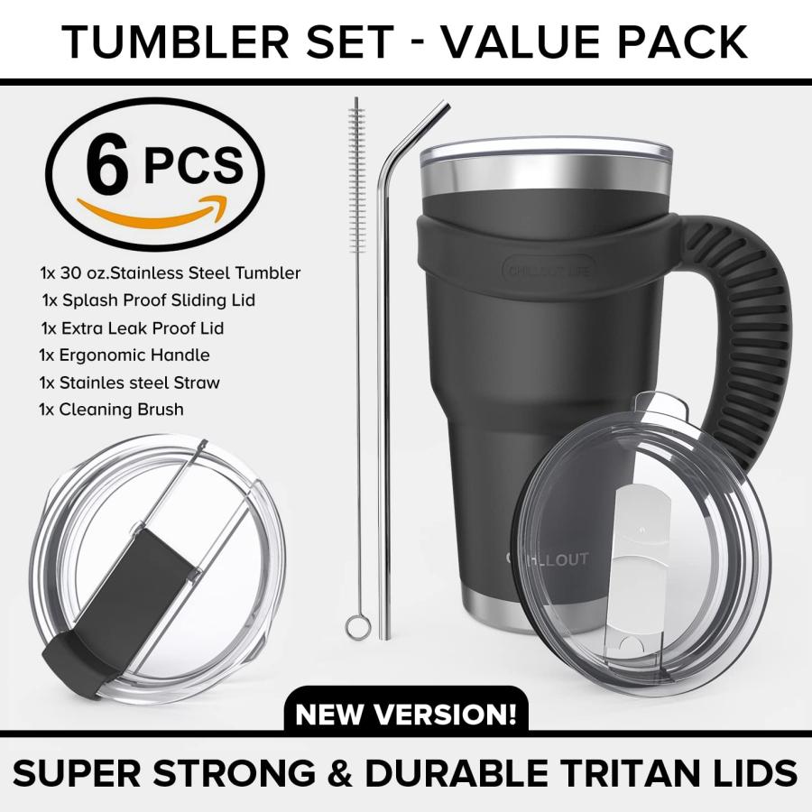 Stainless Steel Travel Mug with Handle 30 oz Piece Set. Tumbler with Handle, Straw, Cleaning Brush  Lids. Double... 2[並行輸入品]