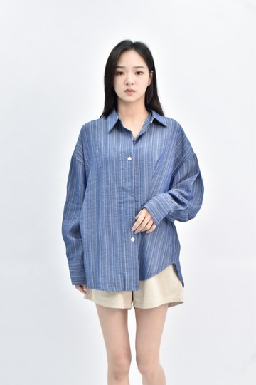 【加購優惠】(2XL) sanye 棉質牛仔長袖條紋藍色襯衫上衣