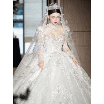 法式白色長袖婚紗2025新款新娘蕾絲重工奢華高級質感大拖尾主紗女