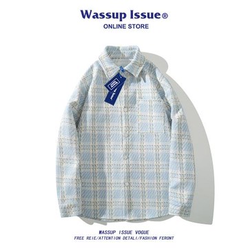 WASSUP ISSUE小香風格子撞色長袖襯衫男款潮牌秋季寬松休閑外套男