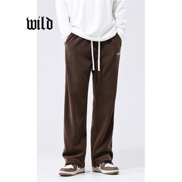棕色休閑褲直筒垂感男秋季燈芯絨寬松衛褲潮牌刺繡美式復古運動褲