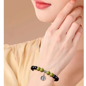【A&R】招財轉運 S925純銀天然黑曜石+綠檀五路財神手鍊 8mm附禮盒