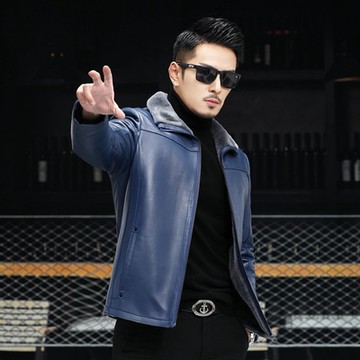 [米蘭精品] 真皮皮衣外套-綿羊皮皮草翻領冬季修身商務男外套藍色74ja41