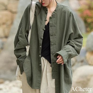 【ACheter】中式設計感復古盤扣別緻棉麻感茶服襯衫式國風外罩上衣# 120701 (現貨+預購)