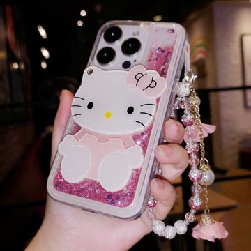 適用于iPhone16pro max蘋果14鏡子手機殼12粉流沙15plus可愛卡通貓11保護套13水鉆手拎鏈全包防摔女