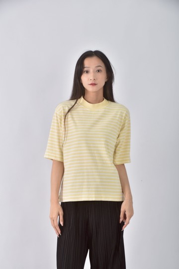 (S) uniqlo五分袖橫線條黃色長袖上衣