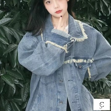 【XL-8XL大尺碼】👩牛仔外套 長袖牛仔 嘻哈風 夾克上衣大碼美式複古毛邊牛仔外套女秋季韓版設計感小衆寬鬆夾克上衣i