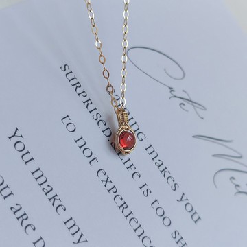 天然紅石榴石項鍊吊墜 迷你鎖骨鏈 一月生辰石吊墜14k包金項鏈