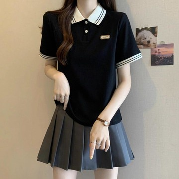 台灣出貨 polo領短袖T恤女夏季新款大碼胖mm顯瘦魚骨小衫氣質獨特上衣 顯瘦POLO領上衣 短袖上衣女 休閒上衣