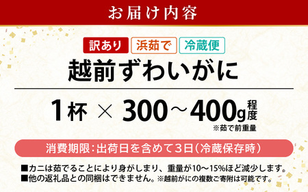 浜茹で 越前がに 約300～400g × 1杯（茹で前重量） 食べ方しおり付き希望日指定可 備考欄にメールアドレスをご記入ください [e04-x020]