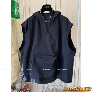 【顯瘦百搭款】新款特大尺碼寬鬆休閒斜拉鍊口袋連帽馬甲女背心男無袖衝鋒衣工裝男 VK3