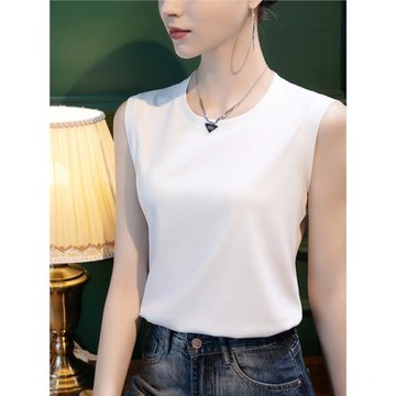 80支絲光棉白t寬松休閑圓領T恤女棉t白色無袖背心2025春季女裝