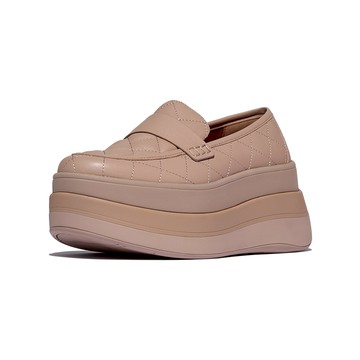 F-MODE 菱格紋皮革厚底樂福鞋-古典米色