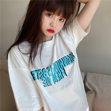 純棉正肩短袖T恤女新款夏裝ins潮原宿風學生寬松半袖上衣