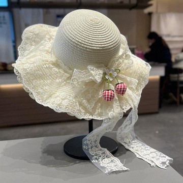 戶外防曬神器 遮陽防曬田園風可愛草莓遮陽帽子女春夏季度假海邊沙灘帽蕾絲蝴蝶結遮陽帽 防曬帽 草帽 草帽女 草帽遮陽帽