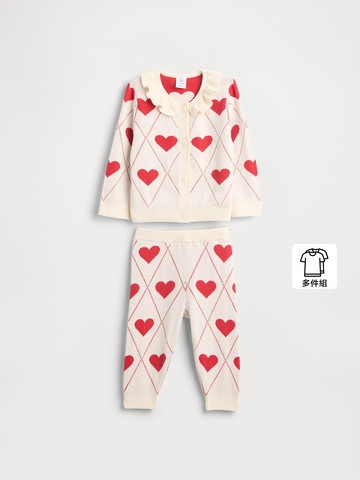 嬰兒裝 刺繡翻領長袖長褲針織家居套裝-象牙白