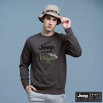 JEEP 男裝 吉普車山林圖騰印花長袖T恤-灰色