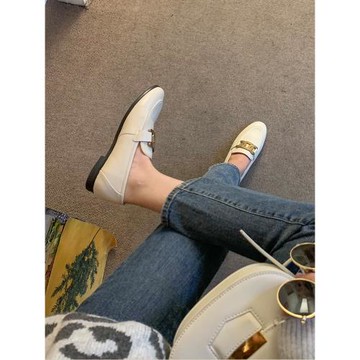 蘆夫人女鞋2023年春秋季新款平底樂福鞋英倫風單鞋金屬扣小皮鞋