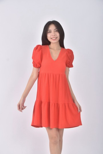 (S) mango質感V領紅橘色洋裝