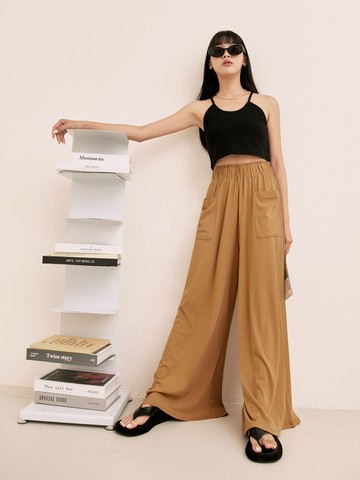 舒彈棉質坑條高腰口袋寬褲