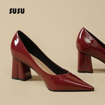 安可拉紅色高跟鞋女結婚不累腳粗跟絕美氣質法式超火御姐漆皮單鞋