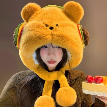 甄選好物🌈可愛漢堡小熊毛絨帽子女秋冬加絨加厚保暖大頭圍顯臉小暖護耳耳罩