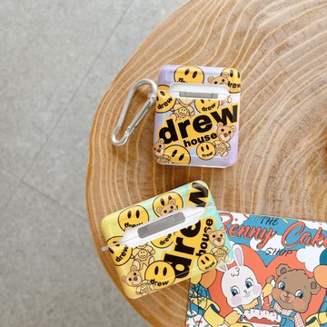 潮牌卡通DREW小熊笑臉Airpods1保護套2新款蘋果藍牙無線耳機殼情侶aripodspro3軟1代2代硅膠防丟繩全包充電盒