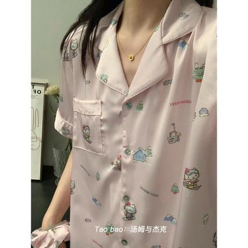 睡衣女夏季2025年新款短袖kitty凱蒂貓冰絲仿真絲學生套裝家居服