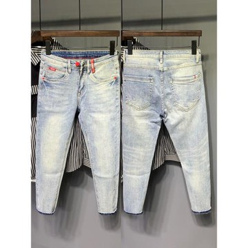 夏季九分牛仔褲男2025年新款美式潮牌彈力修身淺藍色復古小腳褲子