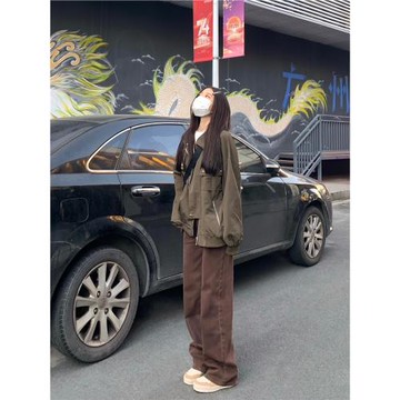 純哥家咖色闊腿牛仔褲女2025年秋季新款美拉德寬松休閑直筒拖地褲