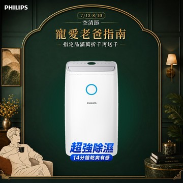 ★節能補助$1200★飛利浦16.5L高效抗敏除濕機(DE3306/81)-適用20坪