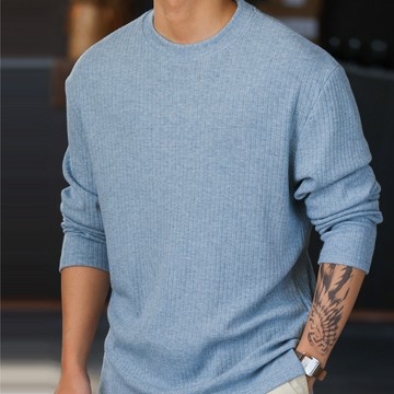 Wuluwear 美式坑條肌理感針織T恤男380g重磅彈力暖絨長袖打底TEE
