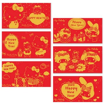 小禮堂 Sanrio 三麗鷗 橫式燙金紅包袋3入組 (動作款) Kitty 美樂蒂