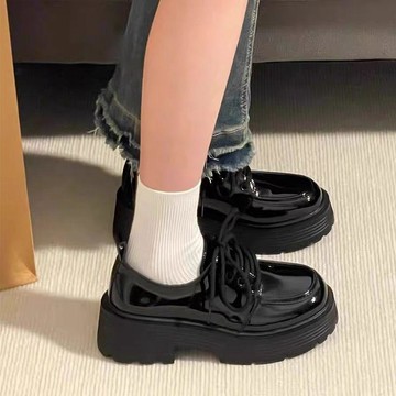 現款免運 小皮鞋 制服鞋 娃娃小皮鞋 黑色厚底增高繫帶小皮鞋女春秋季新款百搭復古英倫風JK單鞋子Tz