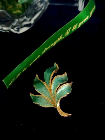 vintage jewelry JJ 翠青刷紋琺瑯蕨葉 別針  胸針
