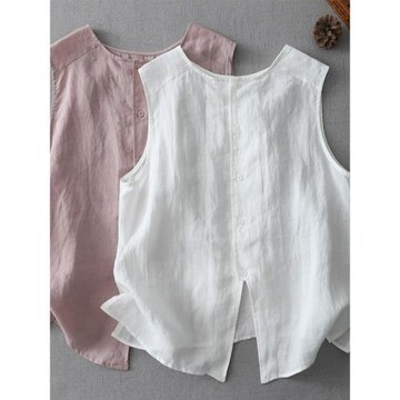 日系簡約苧麻背心襯衫女夏前后兩穿薄款休閑無袖襯衣棉麻小衫上衣