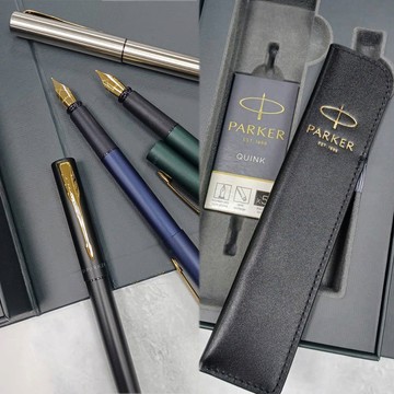 PARKER 新威雅XL 鋼筆+卡水+真皮筆套 禮盒組(黑桿金夾/鋼桿金夾/海軍藍/森林綠)