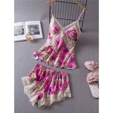 向娜韓版印花睡衣女夏薄款冰絲吊帶背心短褲睡衣兩件套帶胸墊蕾絲