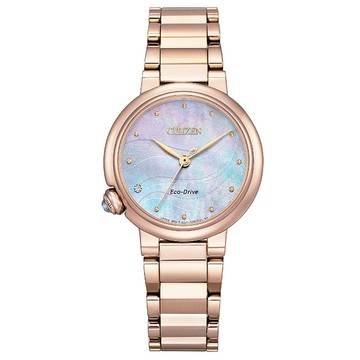 CITIZEN L系列 EM0917-81Y 藍寶石鏡面 鋼錶帶 光動能女錶 粉玫瑰金/白蝶貝 30mm