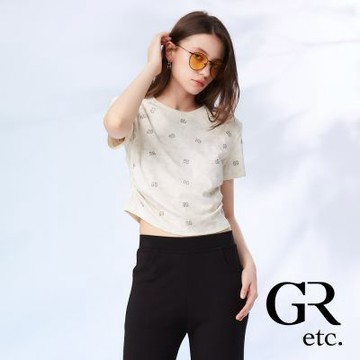 【GLORY21】網路獨賣款-etc.水鑽字母側抓皺短版上衣-杏色