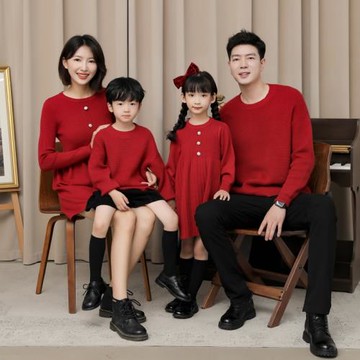 炸街親子裝秋冬款毛衣一家三四口洋氣母子母女裝紅色過年連衣裙季