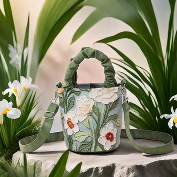 Jpqueen 藝術油畫花朵文青手提斜背側肩水桶包(綠色)