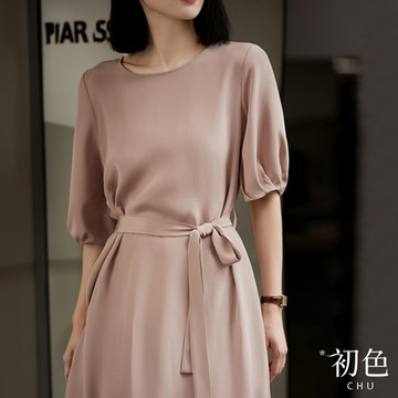 初色 圓領垂順純色綁帶泡泡袖連衣裙短袖連身洋裝長洋裝-粉色-35853(M-2XL可選)
